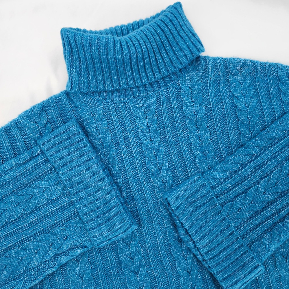 Teal Blue Cable Knit Turtleneck Sweater Womens S/M Soft Classic Preppy Capsule